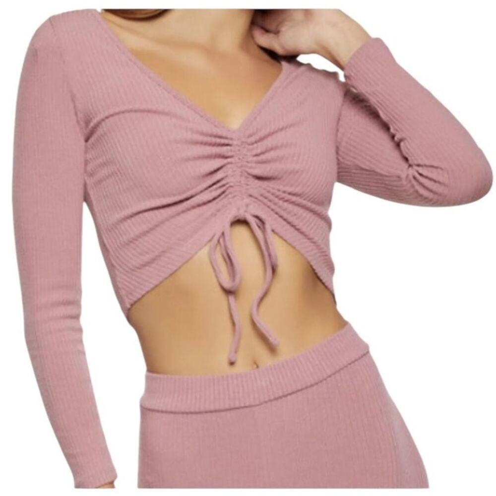 NWT ~ ROMWE Pink Ribbed Front Tie Cropped Long Sleeve Top ~ Women's Size LARGE - Picture 2 of 8